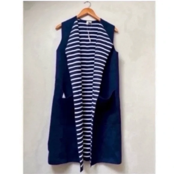 Anthro Pop Print Longline Vest Navy White Stripe
